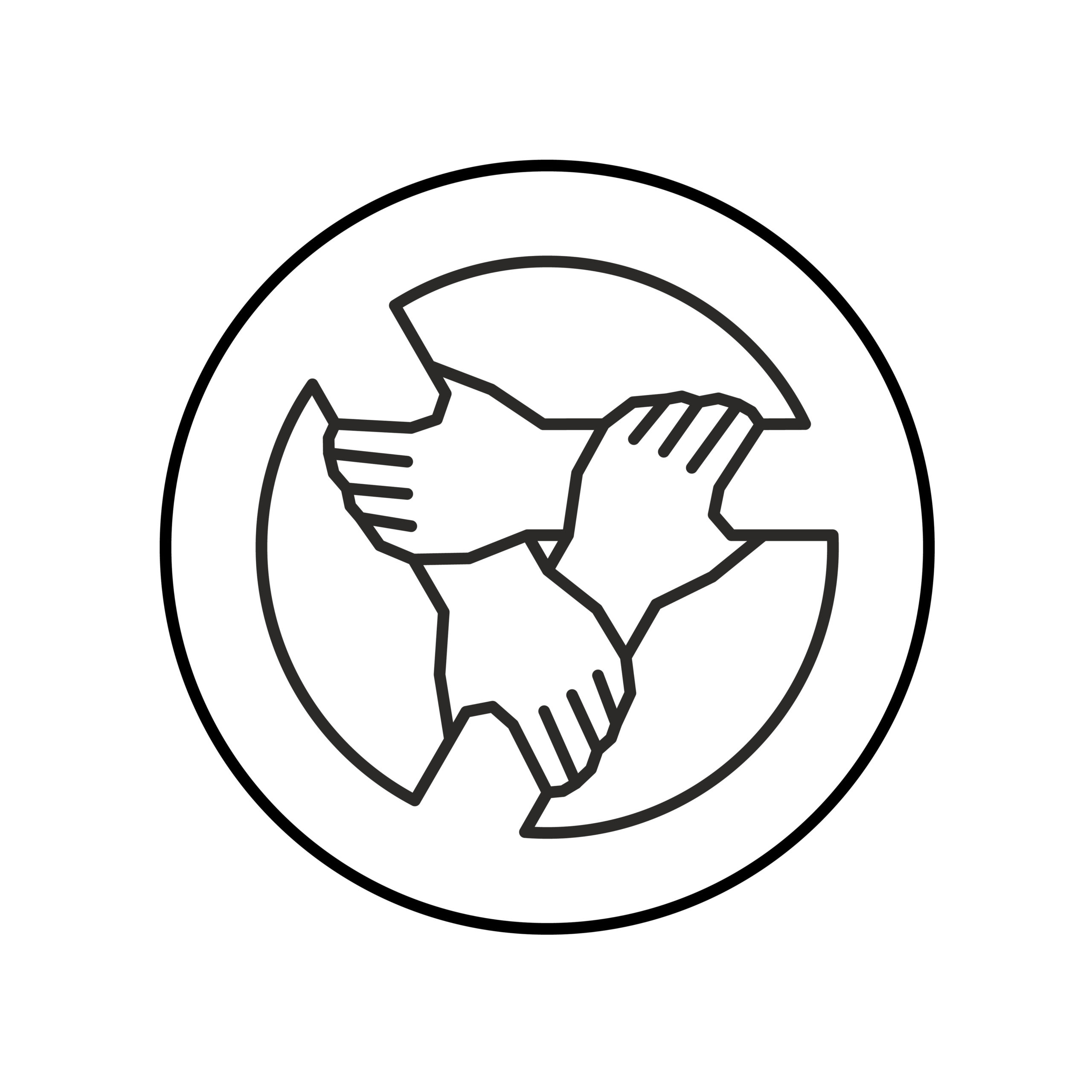 Three hands together support each other outline style logo. Teamwork, union or cooperation concept sign. 3 people hands holding one by one in a circle. Support symbol. Adjustable stroke width.